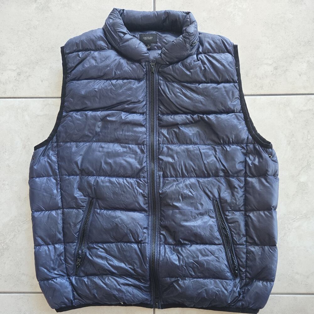 Coatology New York Puffer Vest hide away hoodie Women sz L Blue Quilted Zip